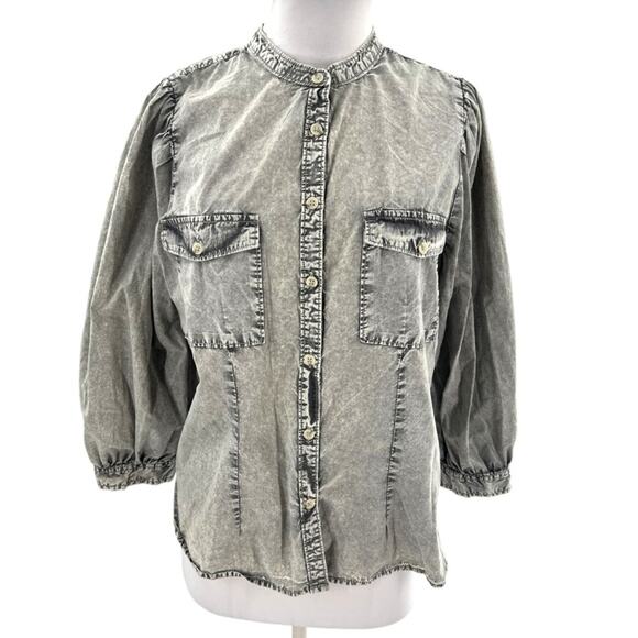 Anthropologie Pilcro Washed Puff Sleeve Buttondown gray sz M - Picture 6 of 10